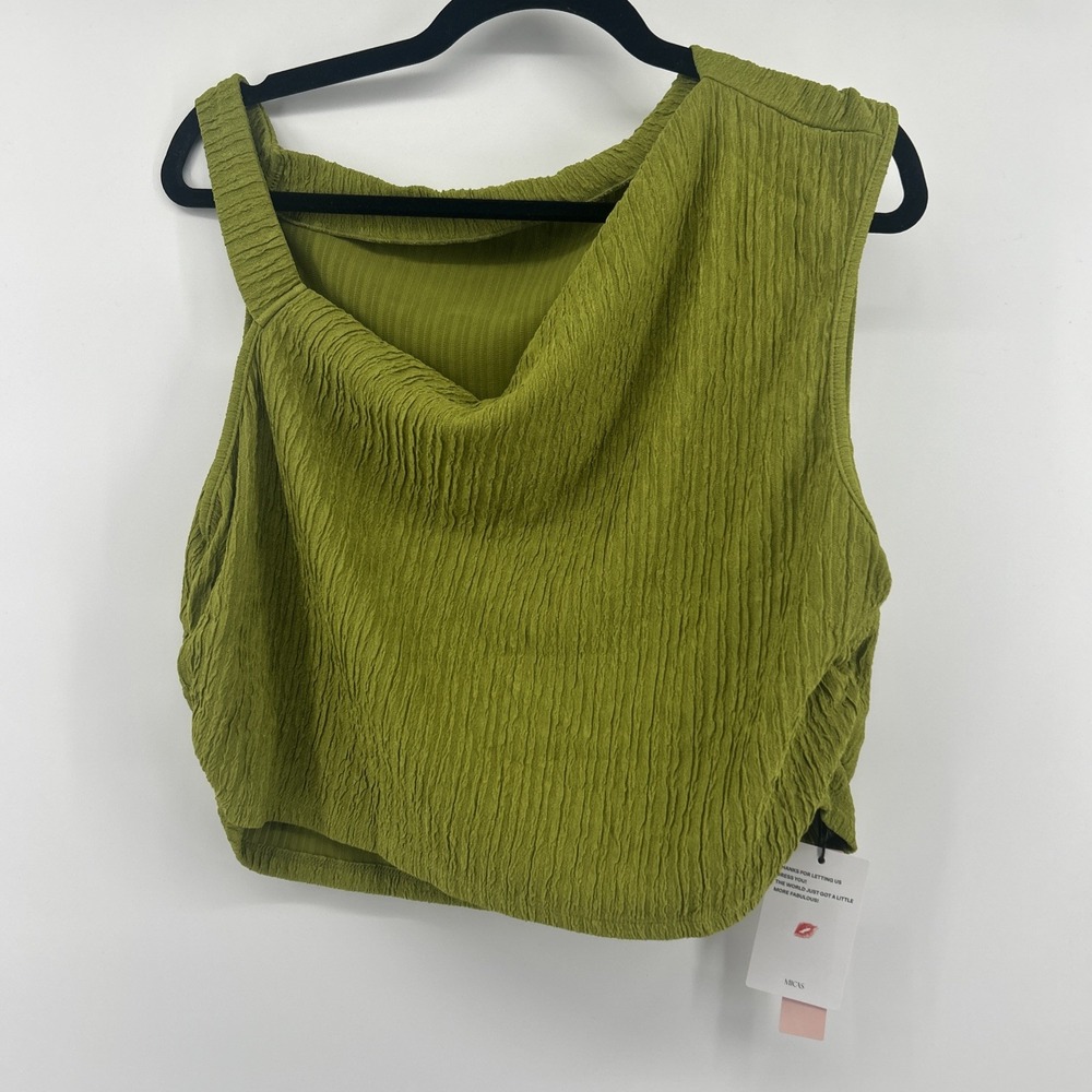 MICAS NWT Green One Shoulder Top 3XL Crinkle Textured Asymmetric Ruched Crop Y2K